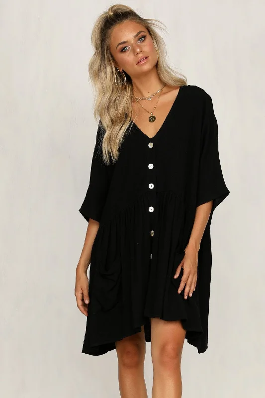 Mini dresses with bow accents for a sweet look Palmer Pocketed Button Down Babydoll Dress - Black
