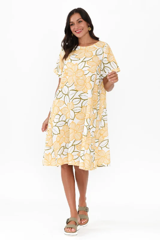 Midi dresses with side slits for a sexy and elegant appearance Shayann Yellow Floral Linen Cotton Dress Midi dresses with side slits for a sexy and elegant appearance Shayann Yellow Floral Linen Cotton Dress
