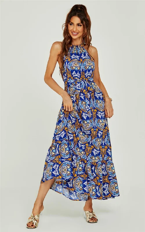 Midi dresses with bow accents for a sweet and charming look Neckholder-Maxikleid mit Stufendesign und Rose Flora-Print in Königsblau Midi dresses with bow accents for a sweet and charming look Neckholder-Maxikleid mit Stufendesign und Rose Flora-Print in Königsblau