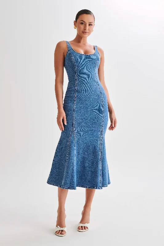 Mini dresses with beaded embellishments for a fancy event Milena Denim Midi Dress - 70's Blue