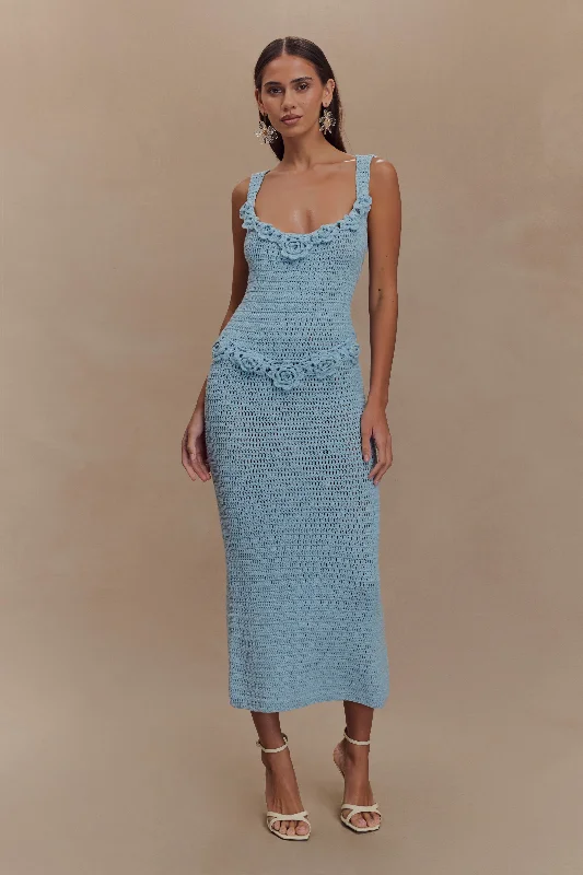 Sheath midi dresses with beaded embellishments for a formal occasion Teagan Floral Hand Crochet Midi Dress - Blue Sheath midi dresses with beaded embellishments for a formal occasion Teagan Floral Hand Crochet Midi Dress - Blue