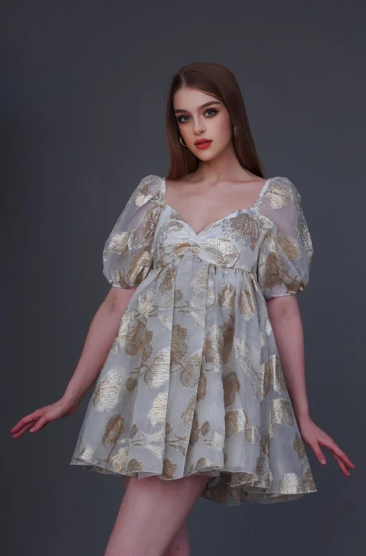 Sequined mini dresses for New Year's Eve Melanie Metallic Babydoll Mini Dress in Gold Jacquard