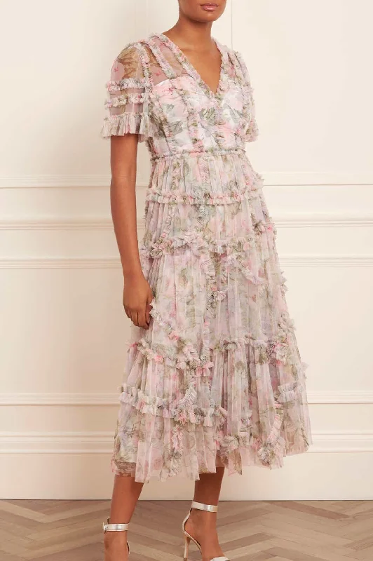 A - line midi dresses with floral prints for spring brunches Rose Powder Ruffle Ballerina Dress