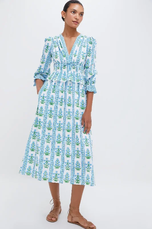 Midi dresses with V - necklines for a flattering and elongating effect Indigo Border Melanie Dress