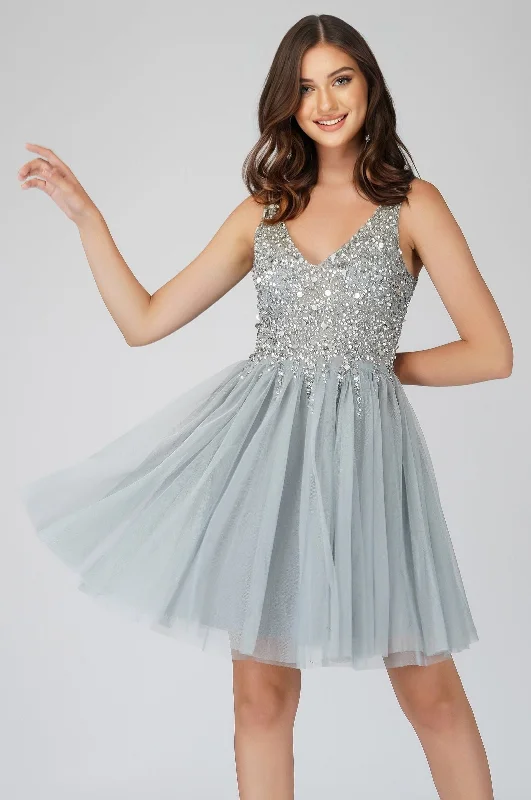 Mini dresses with button - down fronts Symphony Light Grey Embellished Mini Dress