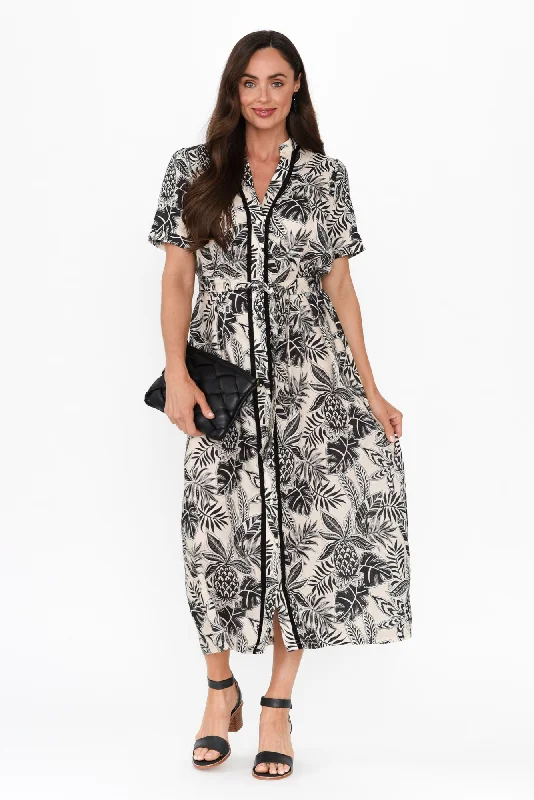 Midi dresses with bow accents for a sweet and charming look Essadora Black Leaf Linen Dress