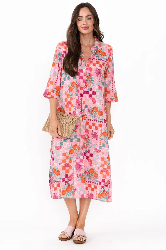 Midi dresses with ruffled hems for a romantic date night Tricia Pink Tropical Cotton Shirt Dress Midi dresses with ruffled hems for a romantic date night Tricia Pink Tropical Cotton Shirt Dress