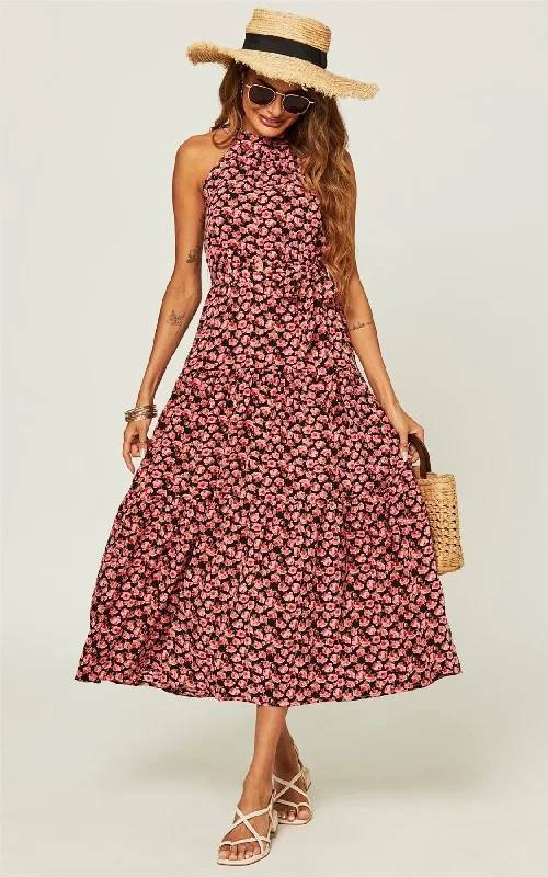 Midi dresses with puff sleeves for a vintage - inspired look Neckholder-Maxi-Lagenkleid mit rosa Blumenmuster Midi dresses with puff sleeves for a vintage - inspired look Neckholder-Maxi-Lagenkleid mit rosa Blumenmuster