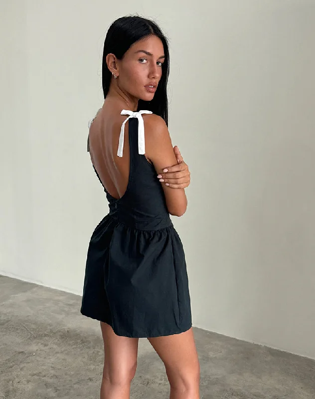 Mini dresses with patchwork designs for a unique style Taleshi Mini Dress in Black with Tap Shoe Off White Bows