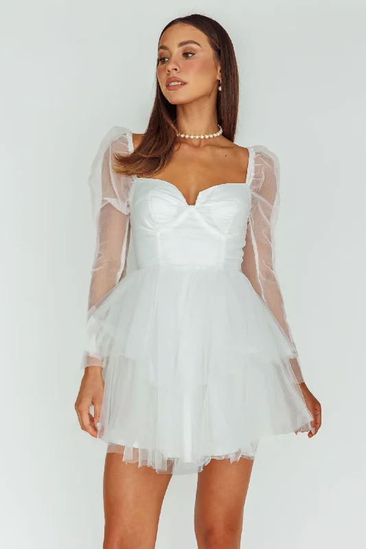 Mini dresses with criss - cross backs for a flirty look Veola Long Sleeve Tulle Mini Dress White Mini dresses with criss - cross backs for a flirty look Veola Long Sleeve Tulle Mini Dress White