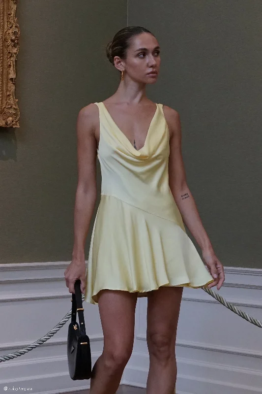 Mini dresses with beaded embellishments for a fancy event Alyce Satin Cowl Micro Mini Dress - Yellow Mini dresses with beaded embellishments for a fancy event Alyce Satin Cowl Micro Mini Dress - Yellow