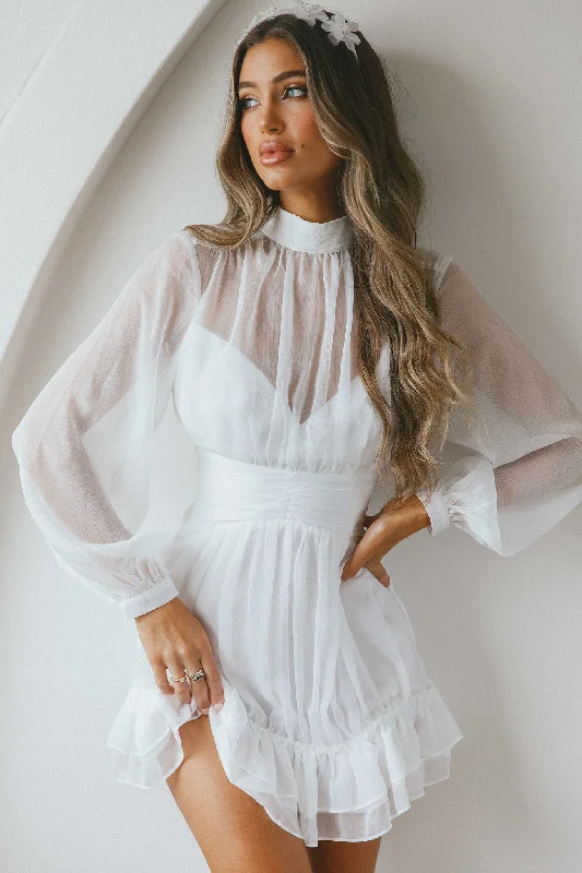 Leather mini dresses for a edgy style Mandalay High Neck Long Sleeve Waistband Dress White