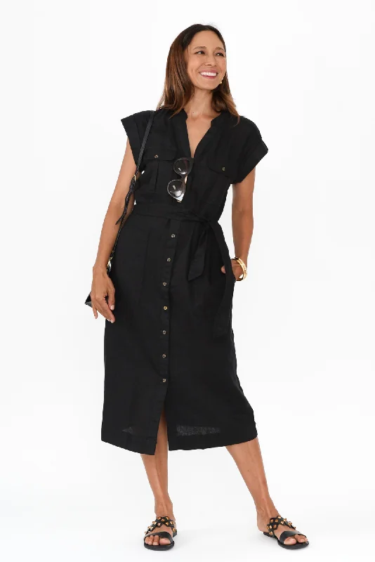 A - line midi dresses with floral prints for spring brunches Harlow Black Linen Belted Dress A - line midi dresses with floral prints for spring brunches Harlow Black Linen Belted Dress