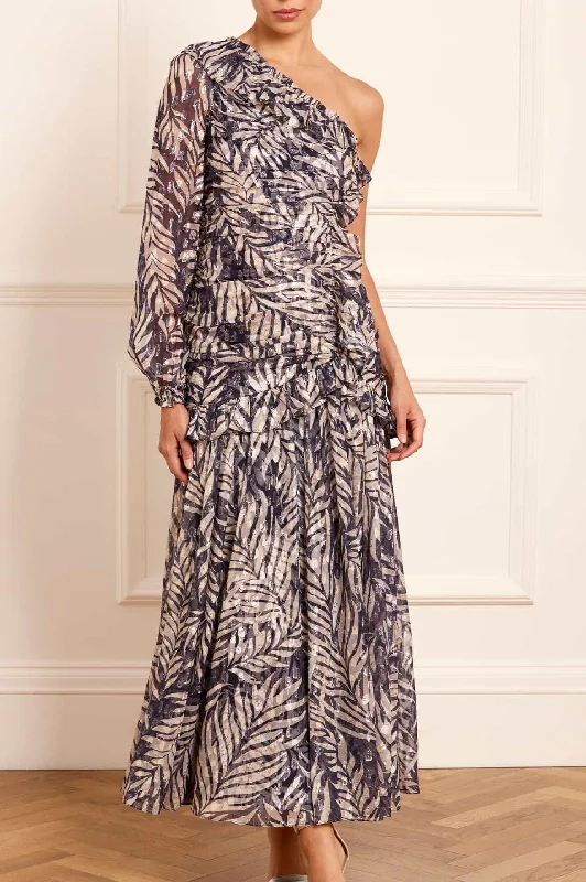 Midi dresses with tassel accents for a bohemian and free - spirited style Feather Lurex One-Shoulder Ankle Gown Midi dresses with tassel accents for a bohemian and free - spirited style Feather Lurex One-Shoulder Ankle Gown