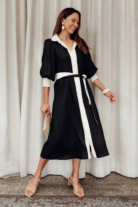 Midi dresses with satin - finish fabrics for a luxurious feel Catalina Black Trim Linen Blend Tie Dress Midi dresses with satin - finish fabrics for a luxurious feel Catalina Black Trim Linen Blend Tie Dress