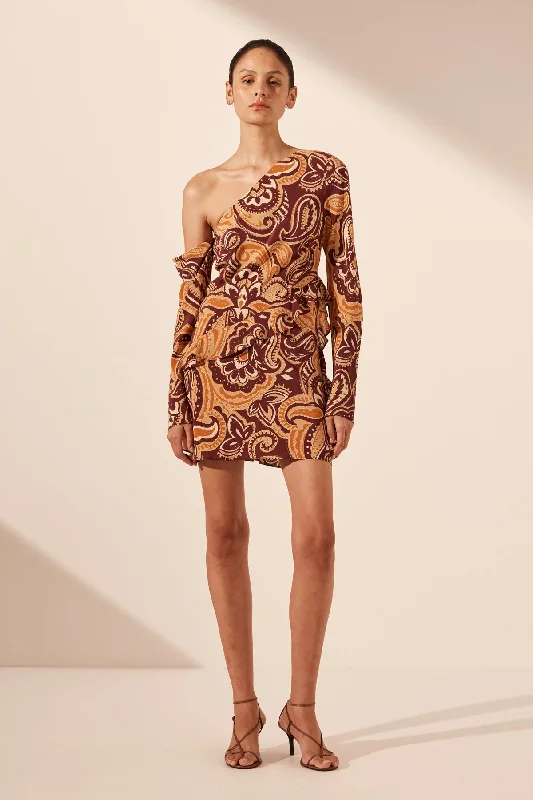 Mini dresses with spaghetti straps for a delicate look ZAHRA SILK ASYMMETRICAL LONG SLEEVE RUFFLE MINI DRESS