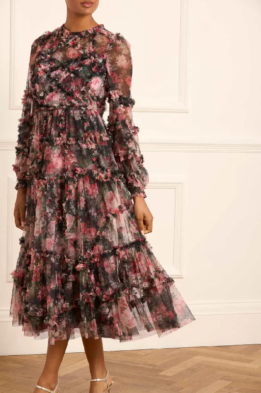 Midi dresses with gathered skirts for a full and flowing silhouette Midnight Dance Ruffle Ballerina Dress Midi dresses with gathered skirts for a full and flowing silhouette Midnight Dance Ruffle Ballerina Dress