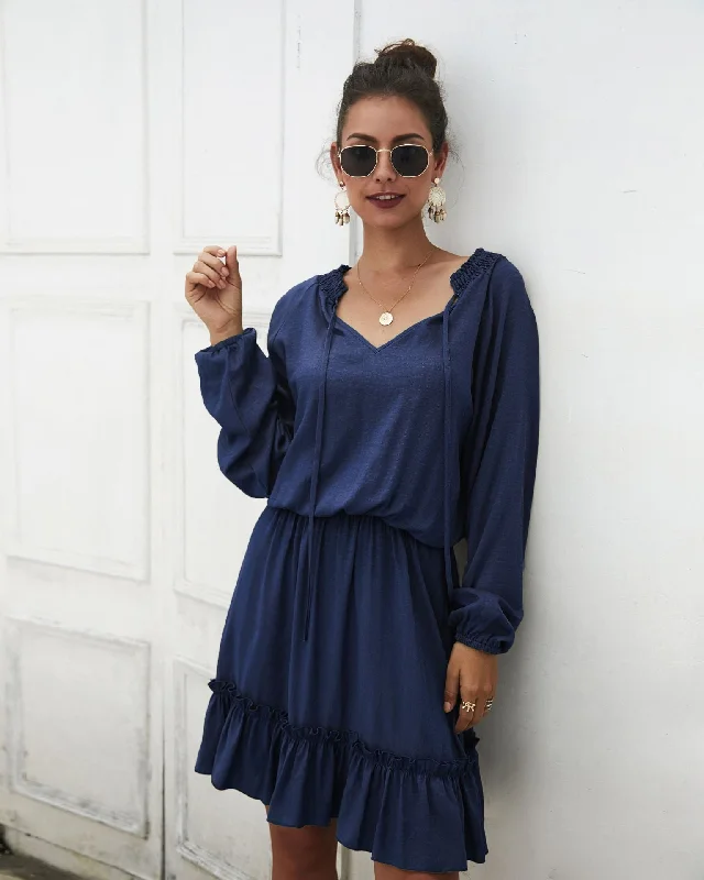 Animal print mini dresses for a bold statement Paros Textured Satin Balloon Sleeve Dress - Navy