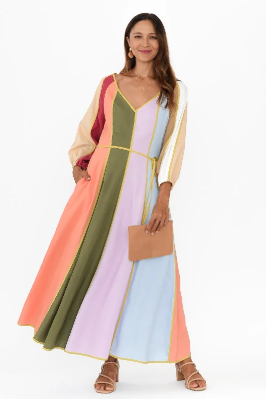Midi dresses with empire waists for a flattering maternity option Jewel Multi Stripe Linen Blend Dress Midi dresses with empire waists for a flattering maternity option Jewel Multi Stripe Linen Blend Dress