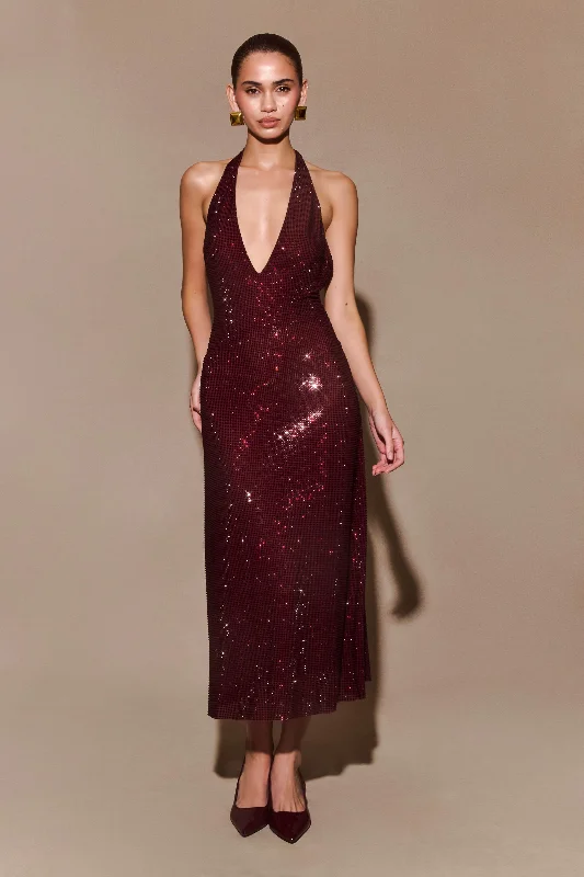 Midi dresses with V - necklines for a flattering and elongating effect Genie Diamante Halter Midi Dress - Mahogany Midi dresses with V - necklines for a flattering and elongating effect Genie Diamante Halter Midi Dress - Mahogany