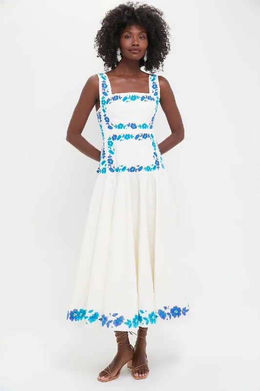Midi dresses with denim fabric for a casual yet stylish day out Ecru and Blue Floral Embroidery Midi Dress
