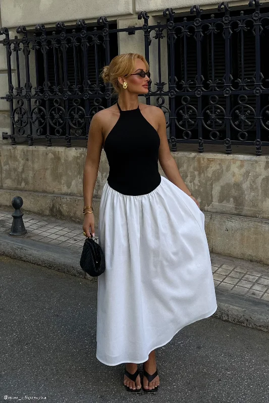 Midi dresses with satin - finish fabrics for a luxurious feel Katie Knit And Linen Midi Dress - Black/White Midi dresses with satin - finish fabrics for a luxurious feel Katie Knit And Linen Midi Dress - Black/White