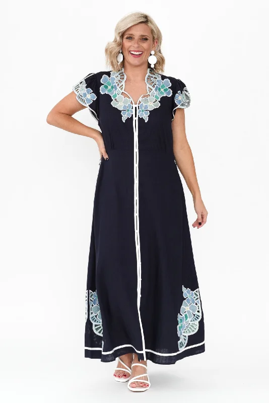 Sleeveless midi dresses with lace details for summer weddings Delray Navy Lapis Embroidered Dress