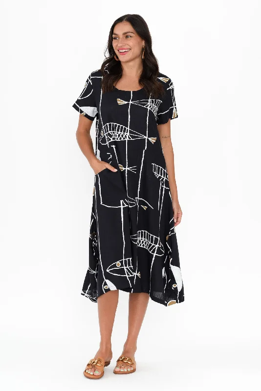 Midi dresses with abstract art prints for an artistic statement Lula Navy Sea Linen Cotton Dress Midi dresses with abstract art prints for an artistic statement Lula Navy Sea Linen Cotton Dress