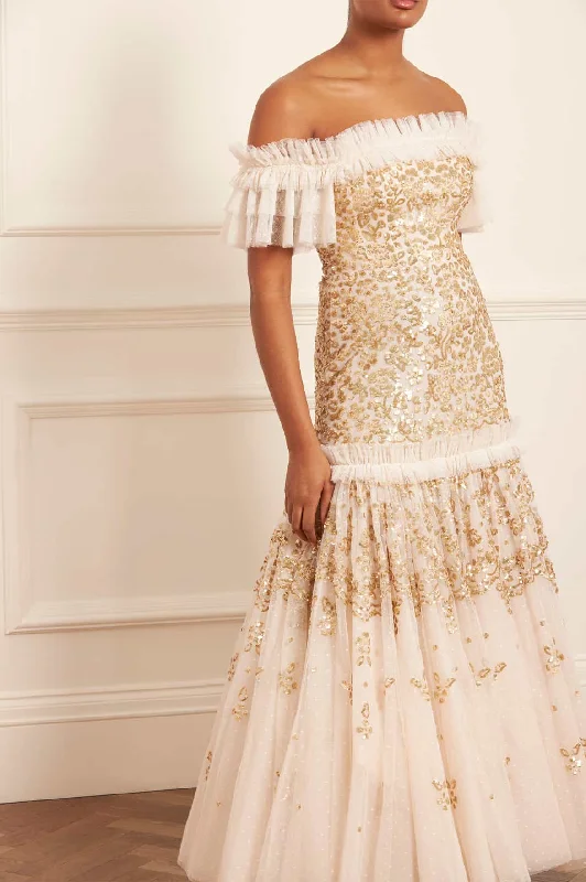 Midi dresses with button - down skirts for a unique and functional design Regal Rose Off-Shoulder Gown
