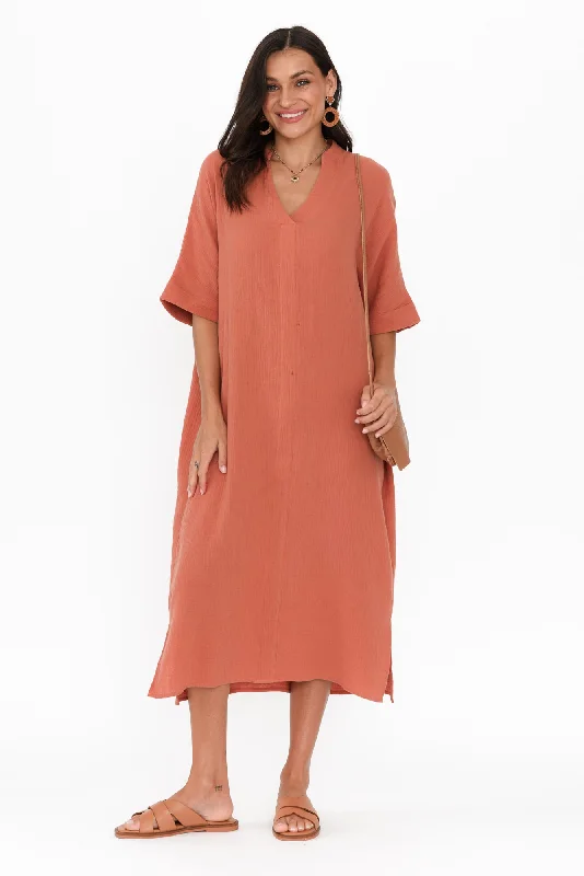High - low midi dresses with geometric patterns for a modern party Juniper Rust Cotton Cheesecloth Dress High - low midi dresses with geometric patterns for a modern party Juniper Rust Cotton Cheesecloth Dress