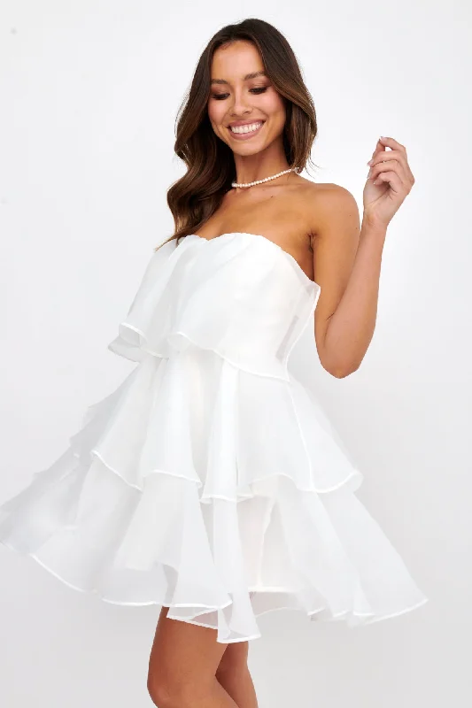 Mini dresses with polka dot patterns Behati Tiered Layer Mini Dress White