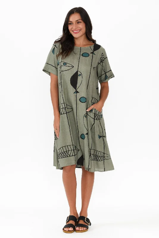 Midi dresses with metallic threads for a glamorous evening event Shayann Khaki Sea Linen Cotton Dress Midi dresses with metallic threads for a glamorous evening event Shayann Khaki Sea Linen Cotton Dress