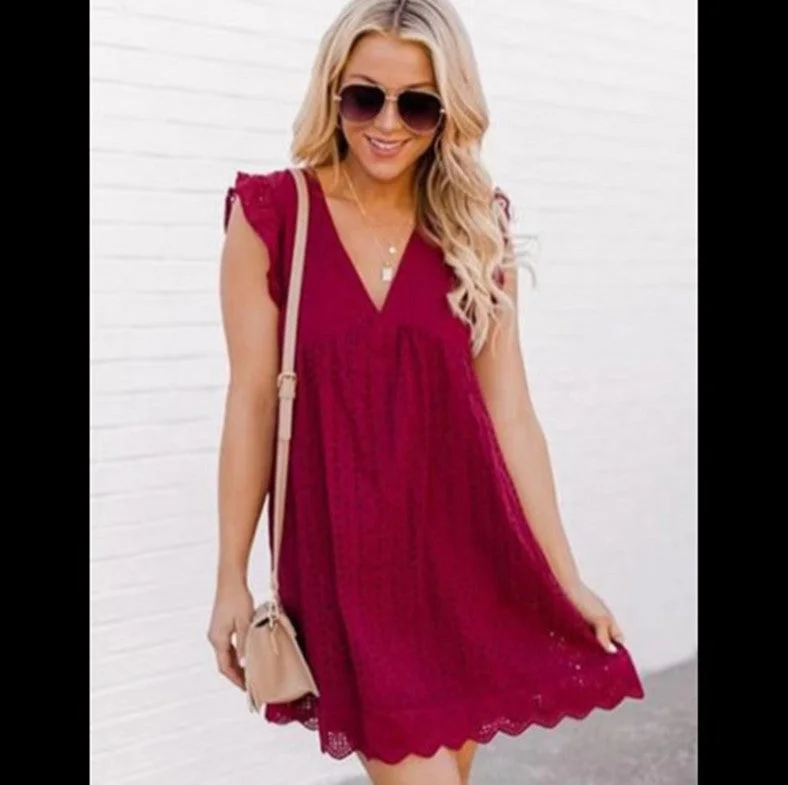 Sheer mini dresses with lace inserts Pam Cotton Pocketed Tiered Eyelet Dress - Red