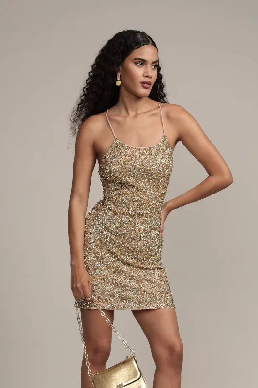 Mini dresses with empire waists for a flattering fit Amelle Gold Beaded Mini Dress
