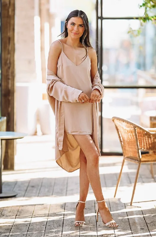 Midi dresses with embroidered accents for a unique and detailed design Keeping It business Dress and Button down Shirt Dress Set - Light Taupe Midi dresses with embroidered accents for a unique and detailed design Keeping It business Dress and Button down Shirt Dress Set - Light Taupe