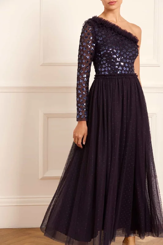 Midi dresses with polka dot prints for a playful summer outfit Glisten Bodice One-Shoulder Ankle Gown Midi dresses with polka dot prints for a playful summer outfit Glisten Bodice One-Shoulder Ankle Gown