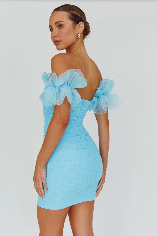 Cotton mini dresses for a comfortable everyday option Star Dust Off-Shoulder Frill Sleeve Mini Dress Baby Blue Cotton mini dresses for a comfortable everyday option Star Dust Off-Shoulder Frill Sleeve Mini Dress Baby Blue