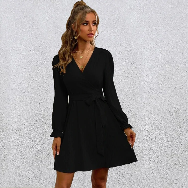 Mini dresses with geometric prints for a modern aesthetic Sequel Bell Sleeve Tie Dress - Black Mini dresses with geometric prints for a modern aesthetic Sequel Bell Sleeve Tie Dress - Black