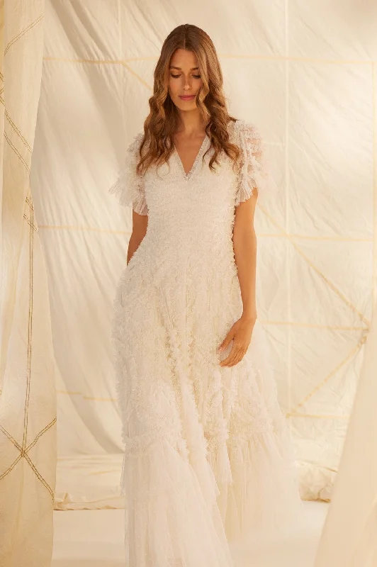 Midi dresses with polka dot prints for a playful summer outfit Verity Ruffle V-Neck Gown