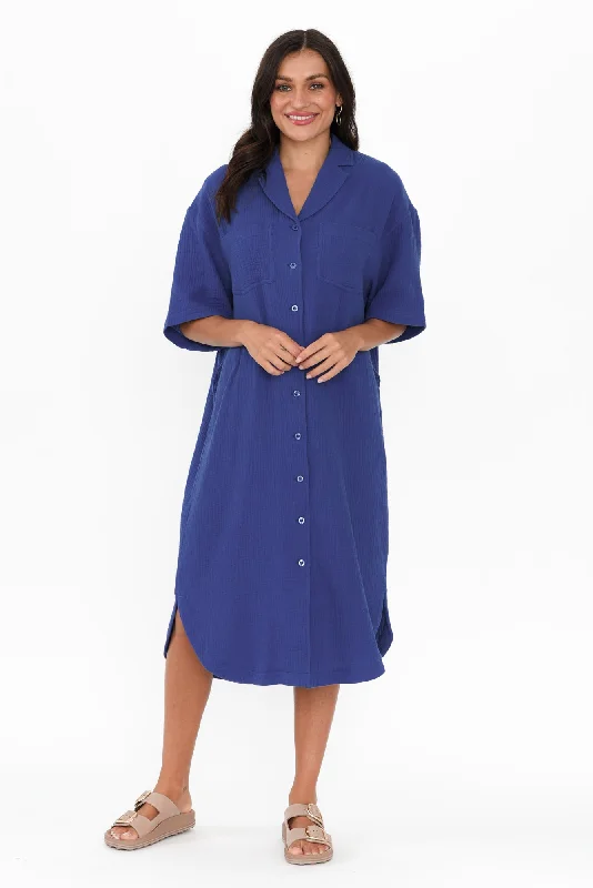 Maxi - inspired midi dresses with flowing fabrics for a beachy vibe Tahiti Cobalt Cotton Cheesecloth Tie Dress