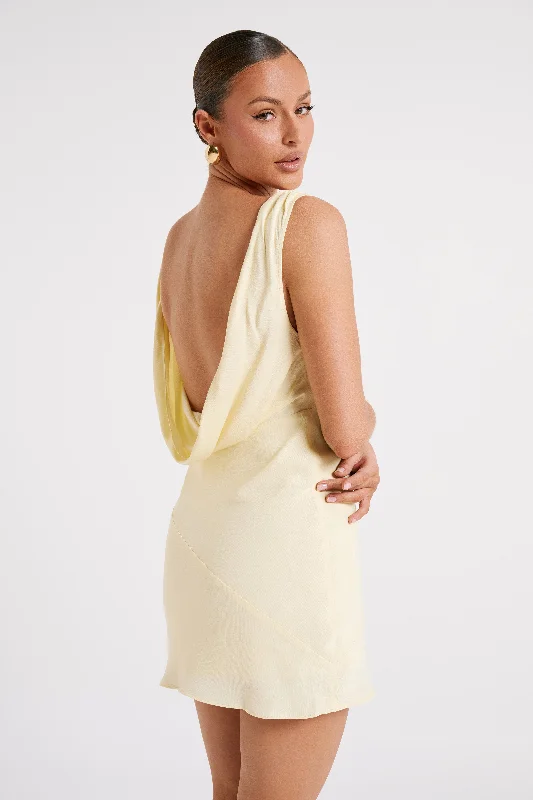 Mini dresses with geometric prints for a modern aesthetic Nadia Satin Mini Dress With Cowl Back - Light Yellow Mini dresses with geometric prints for a modern aesthetic Nadia Satin Mini Dress With Cowl Back - Light Yellow