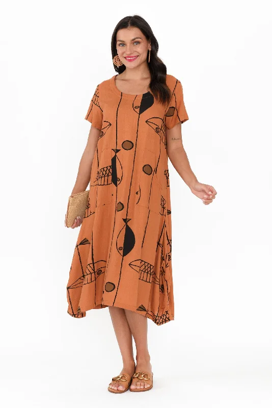Midi dresses with lace - up fronts for a unique and adjustable style Lula Rust Sea Linen Cotton Dress Midi dresses with lace - up fronts for a unique and adjustable style Lula Rust Sea Linen Cotton Dress