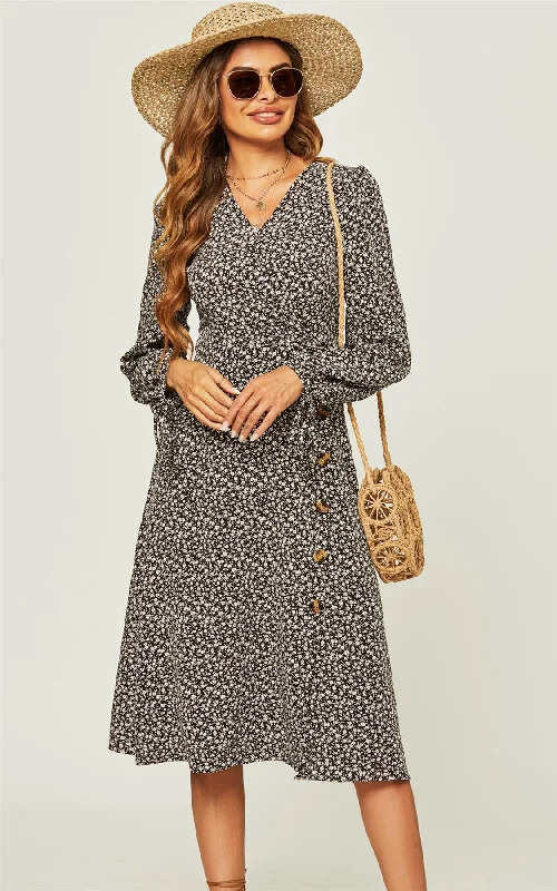 Midi dresses with ruffled sleeves for a more feminine and voluminous look Midi-Wickelkleid Mit Blumenmuster Und Seitlichem Reißverschluss Und Knopfdetail In Schwarz