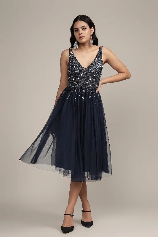 Mini dresses with cut - out details for a trendy look Symphony Dark Blue Embellished Mini Dress Mini dresses with cut - out details for a trendy look Symphony Dark Blue Embellished Mini Dress