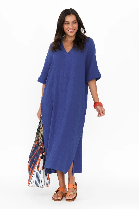 Midi dresses with ruffled bodices for a more pronounced feminine look Juniper Cobalt Cotton Cheesecloth Dress Midi dresses with ruffled bodices for a more pronounced feminine look Juniper Cobalt Cotton Cheesecloth Dress