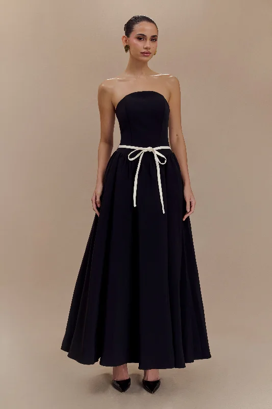 Midi dresses with wrap - around skirts for a customizable fit Penny Strapless Contrast Midi Dress - Black & White Midi dresses with wrap - around skirts for a customizable fit Penny Strapless Contrast Midi Dress - Black & White