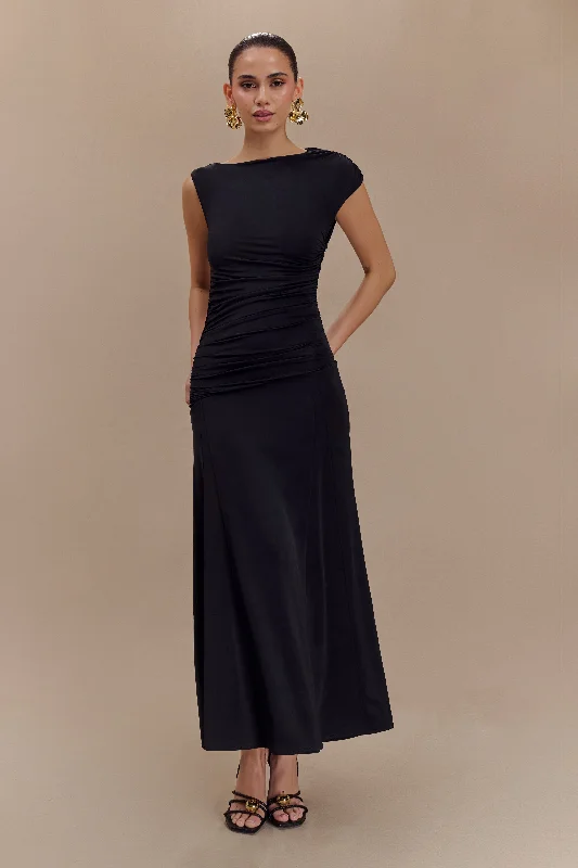 Wrap - style midi dresses in silk for a sophisticated office look Navanna Asymmetric Slinky Midi Dress - Black Wrap - style midi dresses in silk for a sophisticated office look Navanna Asymmetric Slinky Midi Dress - Black