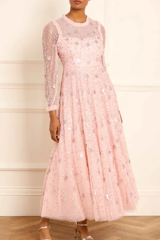 Sheath midi dresses with beaded embellishments for a formal occasion Shooting Stars Long Sleeve Ankle Gown Sheath midi dresses with beaded embellishments for a formal occasion Shooting Stars Long Sleeve Ankle Gown