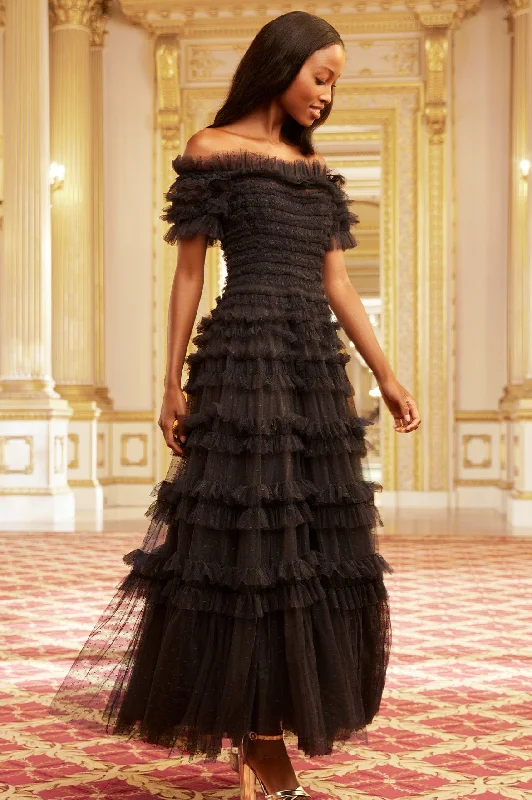 High - low midi dresses with geometric patterns for a modern party Lisette Ruffle Off Shoulder Gown High - low midi dresses with geometric patterns for a modern party Lisette Ruffle Off Shoulder Gown