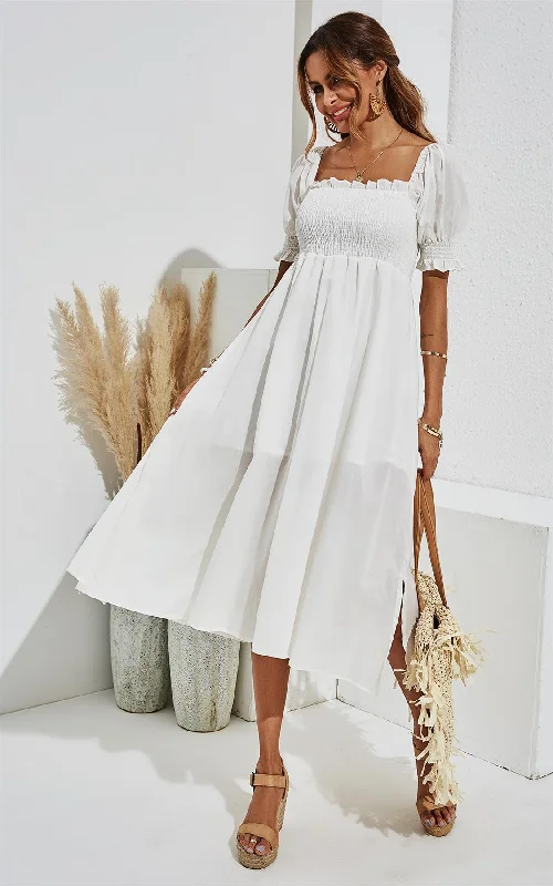 Midi dresses with bow accents for a sweet and charming look Midikleid Mit Puffärmeln Und Elastischem Detail In Weiß Midi dresses with bow accents for a sweet and charming look Midikleid Mit Puffärmeln Und Elastischem Detail In Weiß
